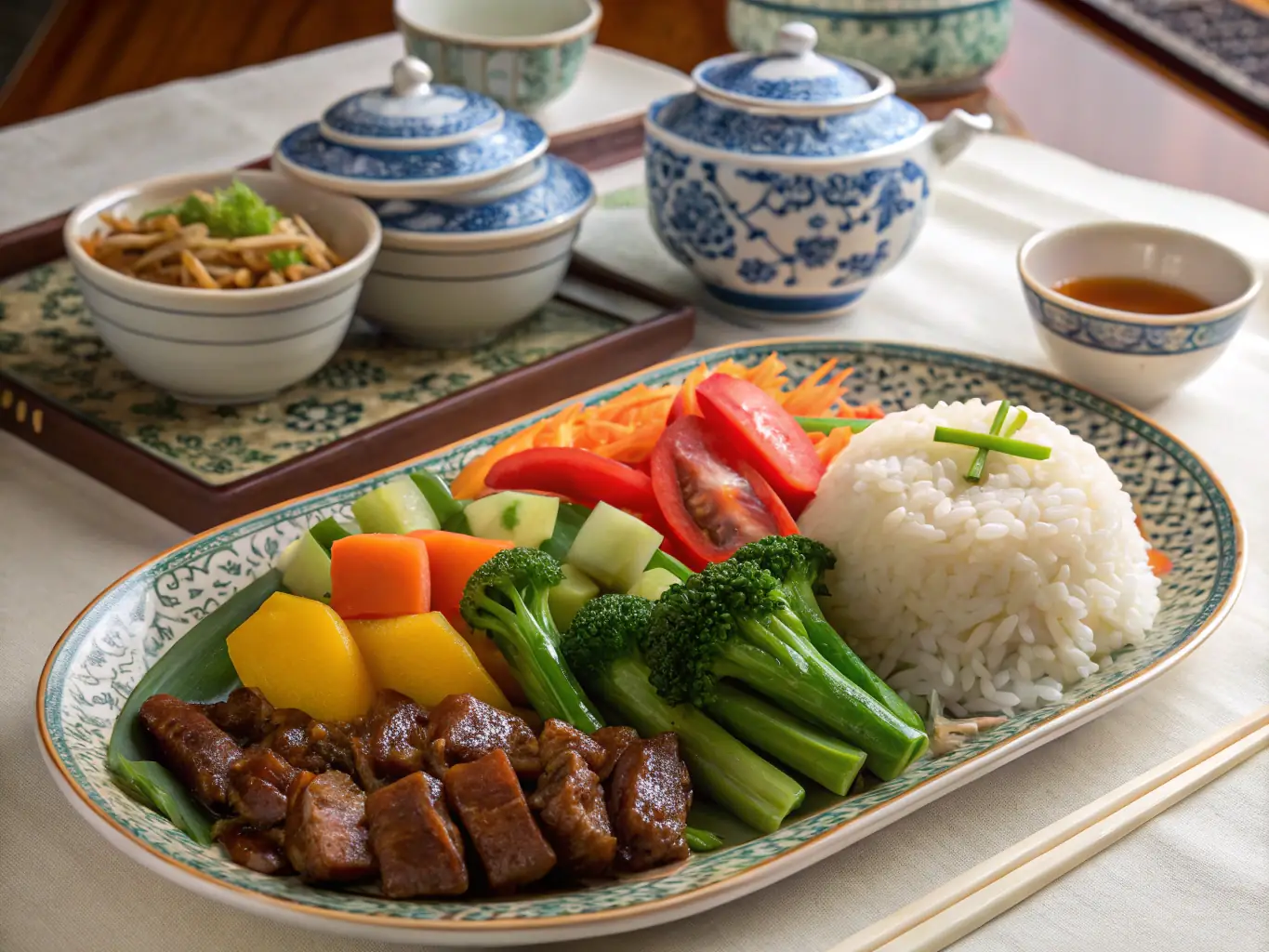 A beautifully arranged meal featuring traditional Cantonese dishes.